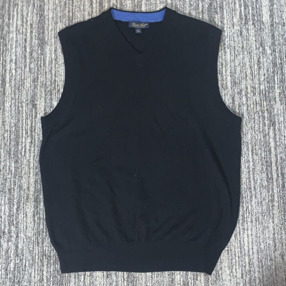 Garret Scott Mens Large 100% Extra Fine Merino Wool Pullover Vest‎ Black V Neck